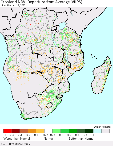 Southern Africa Cropland NDVI Departure from Average (VIIRS) Thematic Map For 6/10/2023 - 6/17/2023