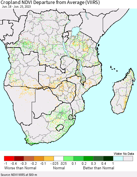 Southern Africa Cropland NDVI Departure from Average (VIIRS) Thematic Map For 6/18/2023 - 6/25/2023