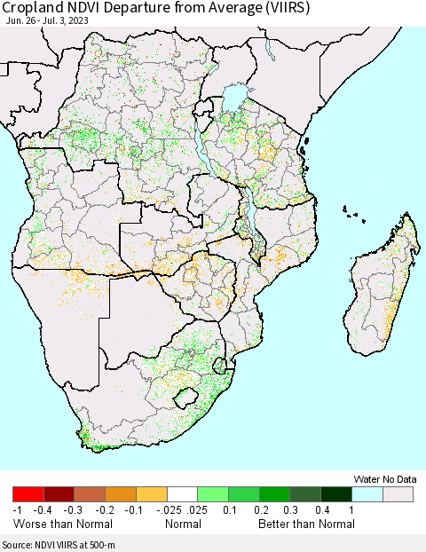 Southern Africa Cropland NDVI Departure from Average (VIIRS) Thematic Map For 6/26/2023 - 7/3/2023