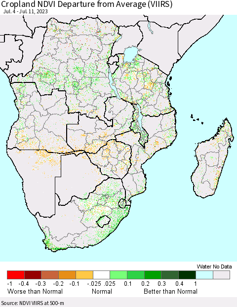 Southern Africa Cropland NDVI Departure from Average (VIIRS) Thematic Map For 7/4/2023 - 7/11/2023