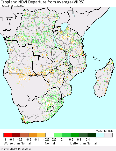 Southern Africa Cropland NDVI Departure from Average (VIIRS) Thematic Map For 7/12/2023 - 7/19/2023
