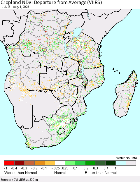 Southern Africa Cropland NDVI Departure from Average (VIIRS) Thematic Map For 7/28/2023 - 8/4/2023