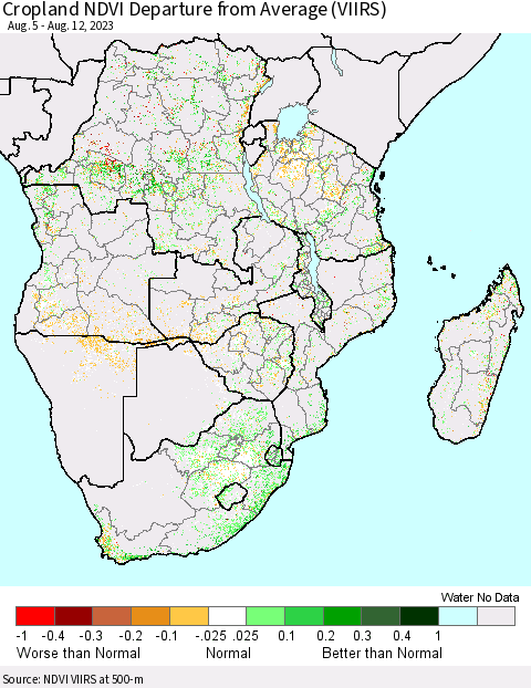 Southern Africa Cropland NDVI Departure from Average (VIIRS) Thematic Map For 8/5/2023 - 8/12/2023