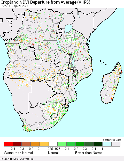 Southern Africa Cropland NDVI Departure from Average (VIIRS) Thematic Map For 9/14/2023 - 9/21/2023