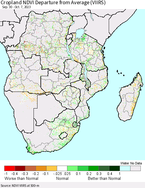 Southern Africa Cropland NDVI Departure from Average (VIIRS) Thematic Map For 9/30/2023 - 10/7/2023
