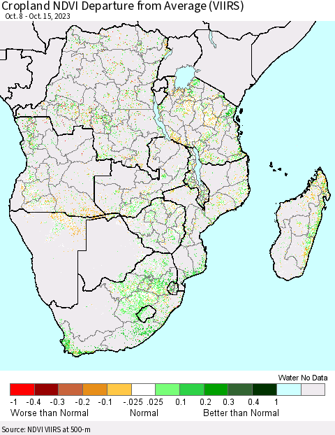 Southern Africa Cropland NDVI Departure from Average (VIIRS) Thematic Map For 10/8/2023 - 10/15/2023