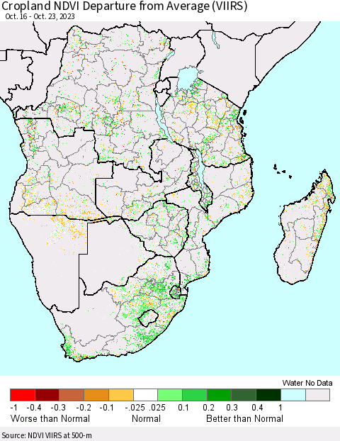 Southern Africa Cropland NDVI Departure from Average (VIIRS) Thematic Map For 10/16/2023 - 10/23/2023