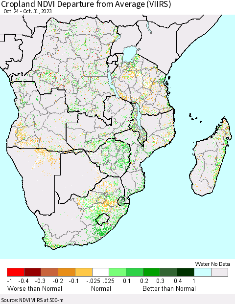 Southern Africa Cropland NDVI Departure from Average (VIIRS) Thematic Map For 10/24/2023 - 10/31/2023