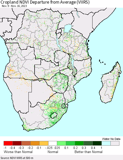 Southern Africa Cropland NDVI Departure from Average (VIIRS) Thematic Map For 11/9/2023 - 11/16/2023