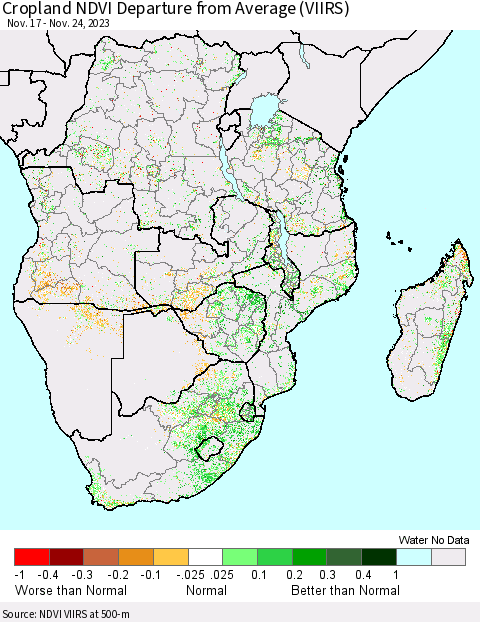 Southern Africa Cropland NDVI Departure from Average (VIIRS) Thematic Map For 11/17/2023 - 11/24/2023