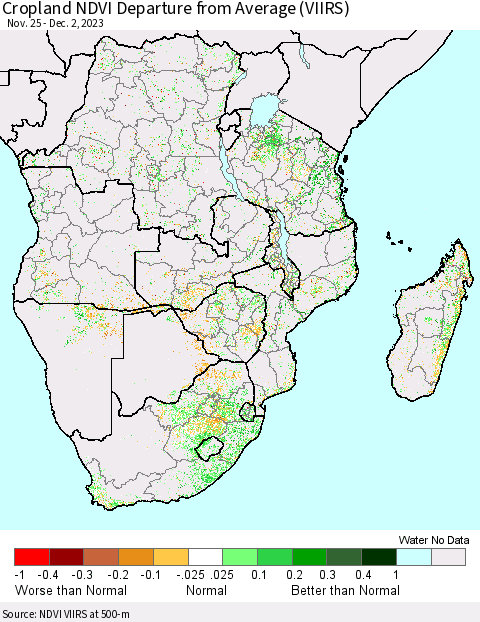 Southern Africa Cropland NDVI Departure from Average (VIIRS) Thematic Map For 11/25/2023 - 12/2/2023