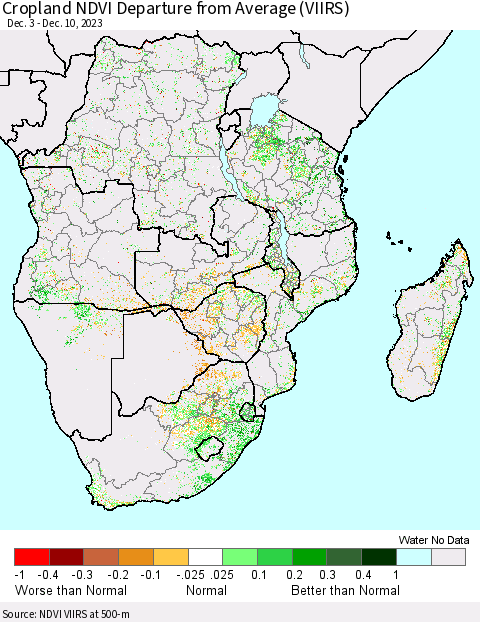Southern Africa Cropland NDVI Departure from Average (VIIRS) Thematic Map For 12/3/2023 - 12/10/2023