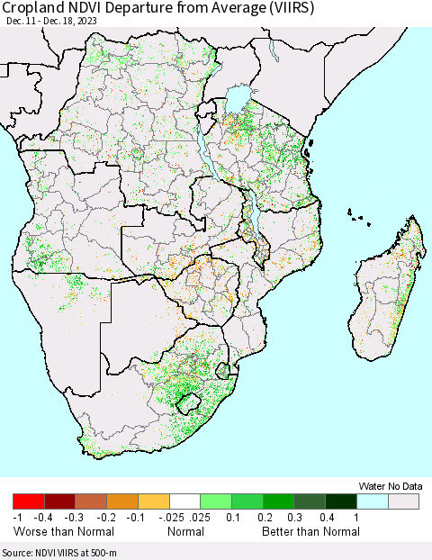 Southern Africa Cropland NDVI Departure from Average (VIIRS) Thematic Map For 12/11/2023 - 12/18/2023