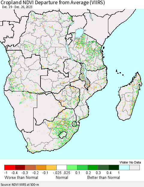 Southern Africa Cropland NDVI Departure from Average (VIIRS) Thematic Map For 12/19/2023 - 12/26/2023
