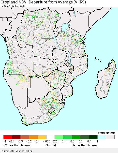 Southern Africa Cropland NDVI Departure from Average (VIIRS) Thematic Map For 12/27/2023 - 1/3/2024