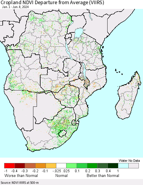 Southern Africa Cropland NDVI Departure from Average (VIIRS) Thematic Map For 1/1/2024 - 1/8/2024