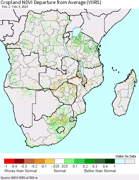 Southern Africa Cropland NDVI Departure from Average (VIIRS) Thematic Map For 2/2/2024 - 2/9/2024