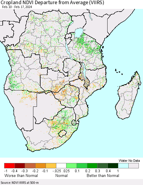 Southern Africa Cropland NDVI Departure from Average (VIIRS) Thematic Map For 2/10/2024 - 2/17/2024