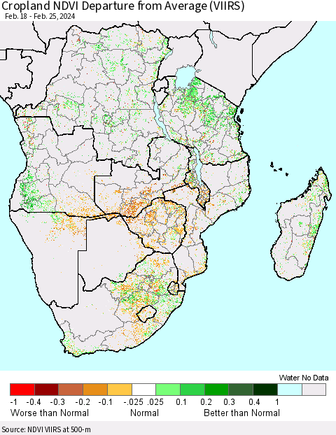 Southern Africa Cropland NDVI Departure from Average (VIIRS) Thematic Map For 2/18/2024 - 2/25/2024
