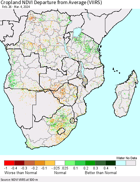 Southern Africa Cropland NDVI Departure from Average (VIIRS) Thematic Map For 2/26/2024 - 3/4/2024