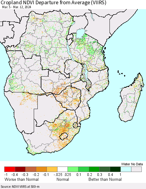 Southern Africa Cropland NDVI Departure from Average (VIIRS) Thematic Map For 3/5/2024 - 3/12/2024