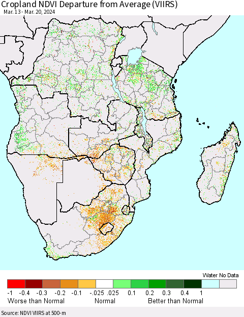 Southern Africa Cropland NDVI Departure from Average (VIIRS) Thematic Map For 3/13/2024 - 3/20/2024