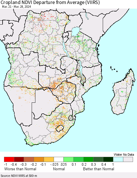 Southern Africa Cropland NDVI Departure from Average (VIIRS) Thematic Map For 3/21/2024 - 3/28/2024