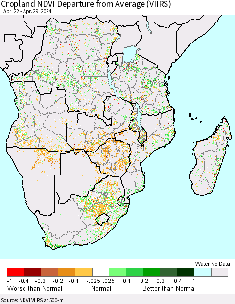 Southern Africa Cropland NDVI Departure from Average (VIIRS) Thematic Map For 4/22/2024 - 4/29/2024