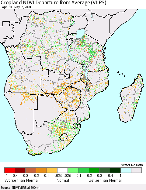 Southern Africa Cropland NDVI Departure from Average (VIIRS) Thematic Map For 4/30/2024 - 5/7/2024