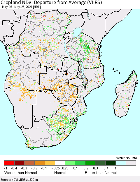Southern Africa Cropland NDVI Departure from Average (VIIRS) Thematic Map For 5/16/2024 - 5/23/2024