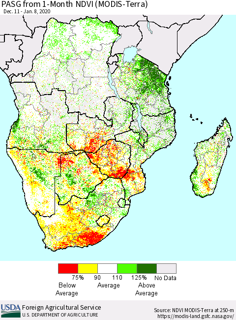 Southern Africa PASG from 1-Month NDVI (Terra-MODIS) Thematic Map For 1/1/2020 - 1/10/2020