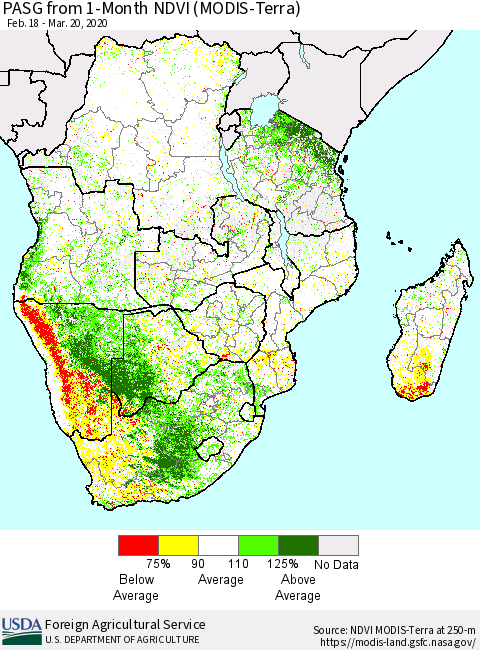 Southern Africa PASG from 1-Month NDVI (Terra-MODIS) Thematic Map For 3/11/2020 - 3/20/2020