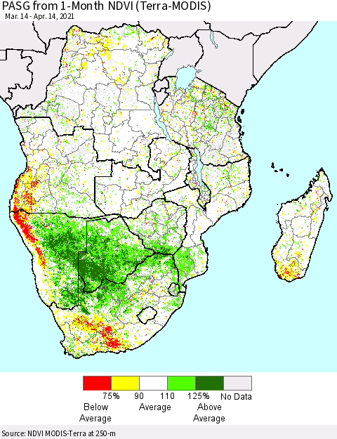 Southern Africa PASG from 1-Month NDVI (Terra-MODIS) Thematic Map For 4/7/2021 - 4/14/2021