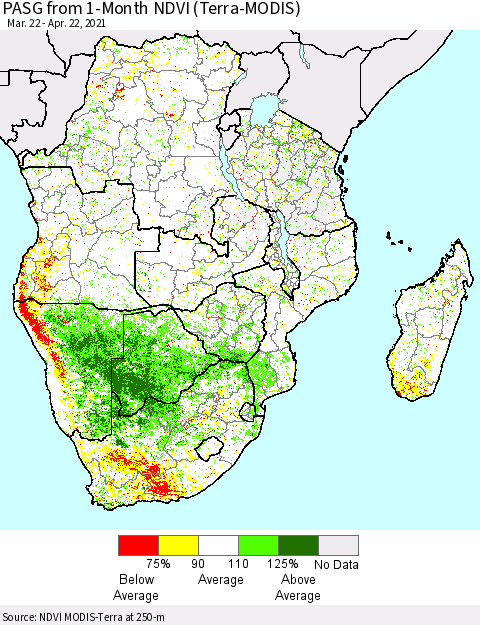 Southern Africa PASG from 1-Month NDVI (Terra-MODIS) Thematic Map For 4/15/2021 - 4/22/2021