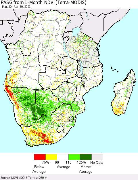 Southern Africa PASG from 1-Month NDVI (Terra-MODIS) Thematic Map For 4/23/2021 - 4/30/2021