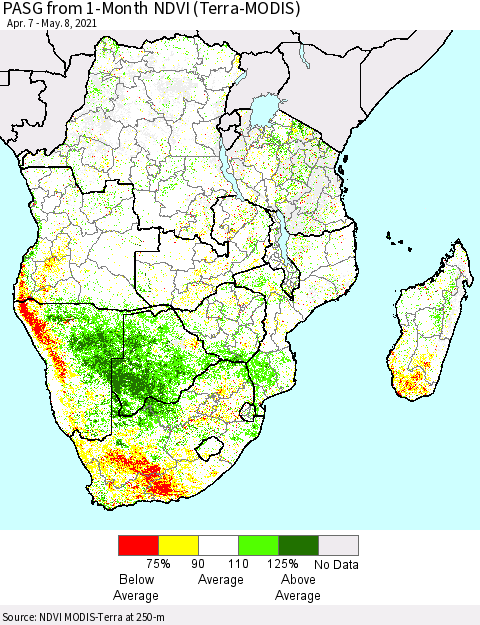Southern Africa PASG from 1-Month NDVI (Terra-MODIS) Thematic Map For 5/1/2021 - 5/8/2021