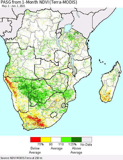Southern Africa PASG from 1-Month NDVI (Terra-MODIS) Thematic Map For 5/25/2021 - 6/1/2021