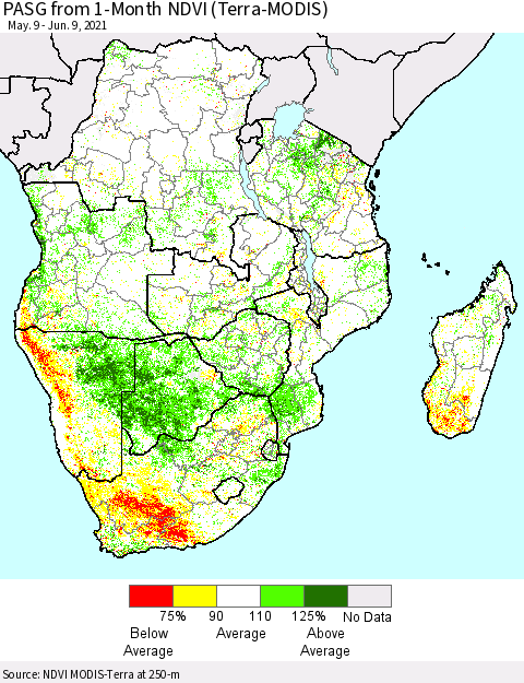 Southern Africa PASG from 1-Month NDVI (Terra-MODIS) Thematic Map For 6/2/2021 - 6/9/2021