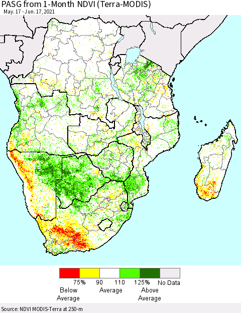 Southern Africa PASG from 1-Month NDVI (Terra-MODIS) Thematic Map For 6/10/2021 - 6/17/2021