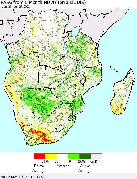 Southern Africa PASG from 1-Month NDVI (Terra-MODIS) Thematic Map For 7/20/2021 - 7/27/2021