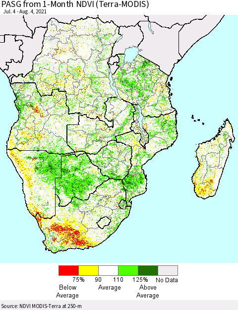 Southern Africa PASG from 1-Month NDVI (Terra-MODIS) Thematic Map For 7/28/2021 - 8/4/2021