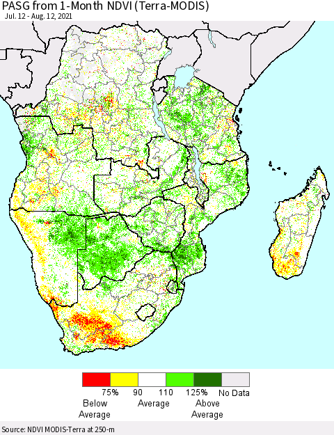 Southern Africa PASG from 1-Month NDVI (Terra-MODIS) Thematic Map For 8/5/2021 - 8/12/2021