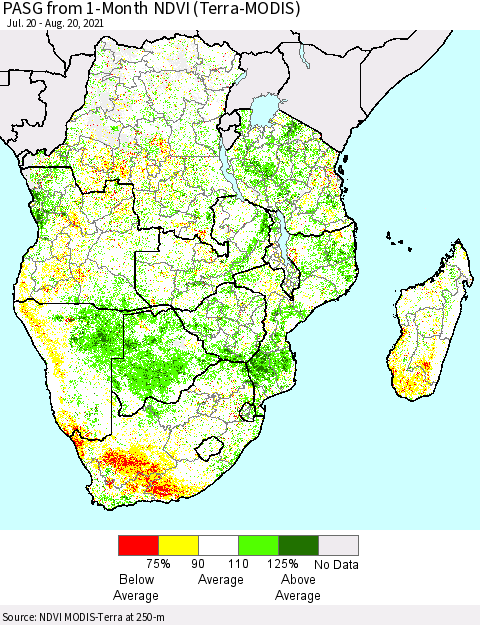 Southern Africa PASG from 1-Month NDVI (Terra-MODIS) Thematic Map For 8/13/2021 - 8/20/2021