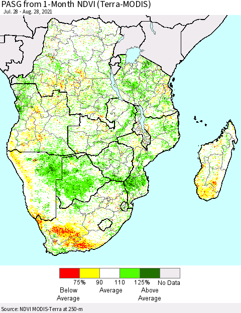 Southern Africa PASG from 1-Month NDVI (Terra-MODIS) Thematic Map For 8/21/2021 - 8/28/2021
