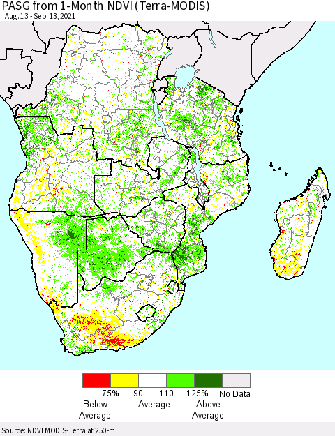 Southern Africa PASG from 1-Month NDVI (Terra-MODIS) Thematic Map For 9/6/2021 - 9/13/2021