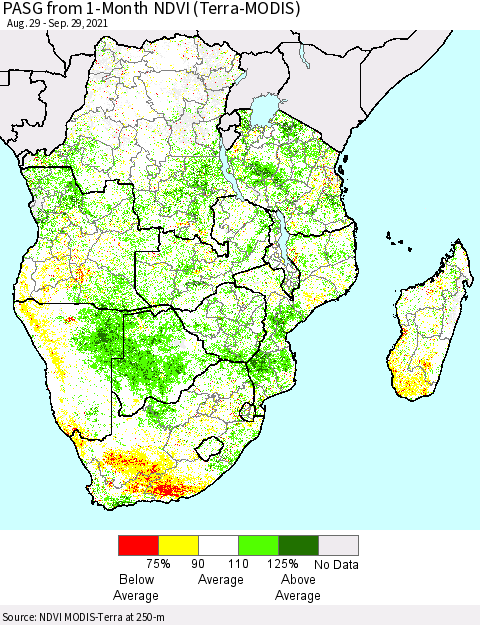 Southern Africa PASG from 1-Month NDVI (Terra-MODIS) Thematic Map For 9/22/2021 - 9/29/2021