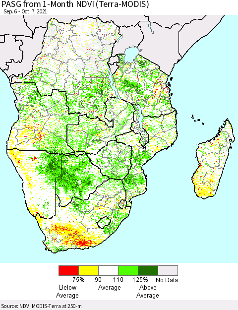 Southern Africa PASG from 1-Month NDVI (Terra-MODIS) Thematic Map For 9/30/2021 - 10/7/2021