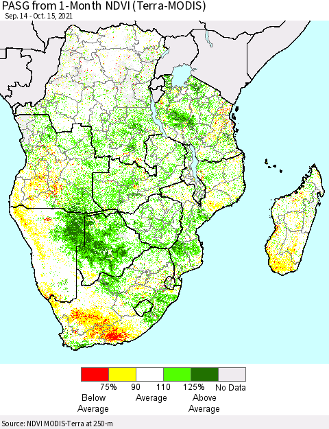 Southern Africa PASG from 1-Month NDVI (Terra-MODIS) Thematic Map For 10/8/2021 - 10/15/2021