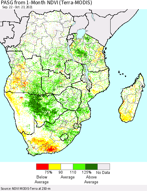 Southern Africa PASG from 1-Month NDVI (Terra-MODIS) Thematic Map For 10/16/2021 - 10/23/2021