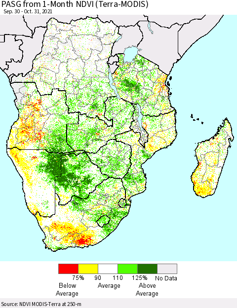 Southern Africa PASG from 1-Month NDVI (Terra-MODIS) Thematic Map For 10/24/2021 - 10/31/2021
